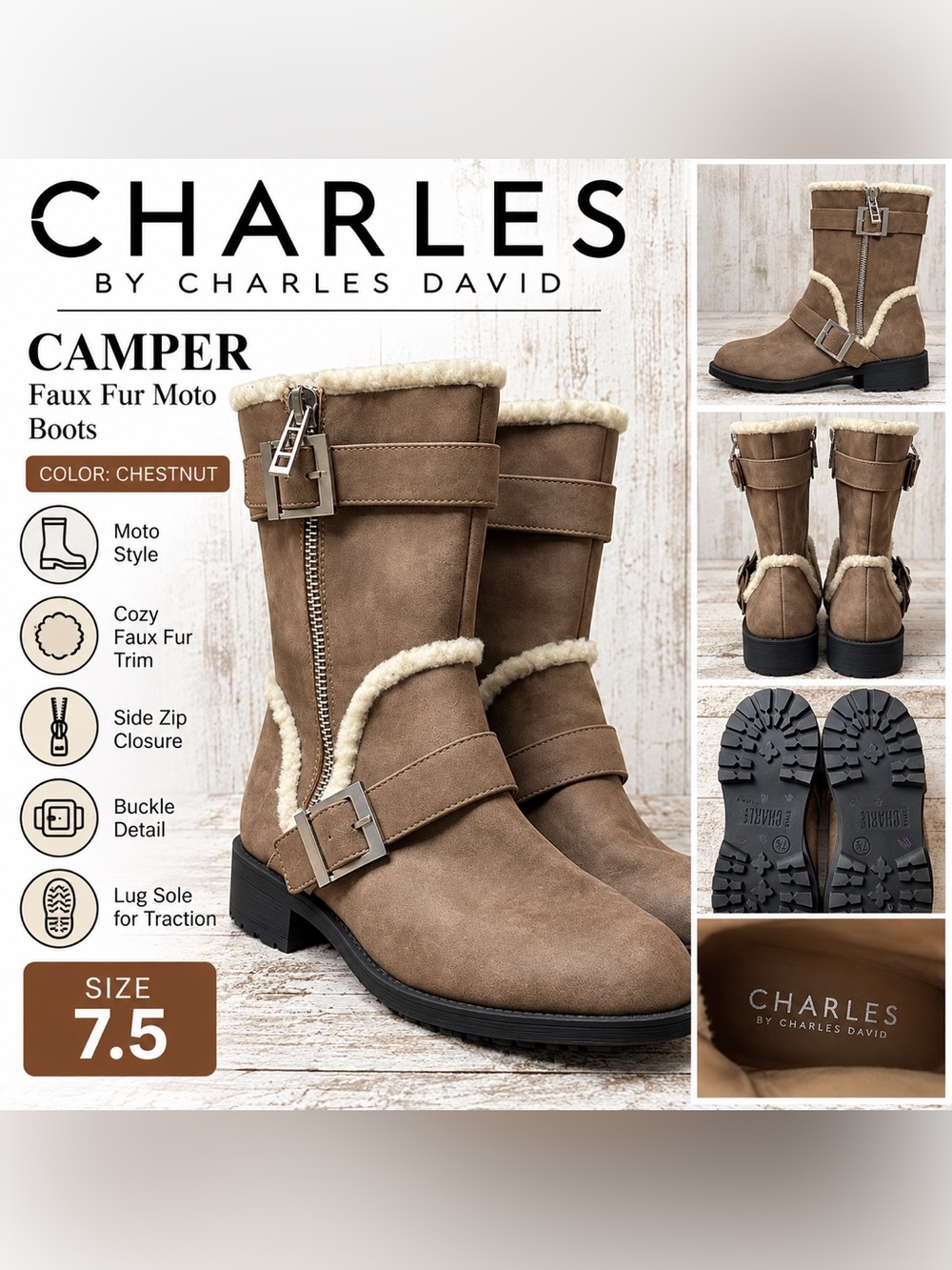CHARLES BY CHARLES DAVID Camper Faux Fur Moto Boots Chestnut Women’s 7.5